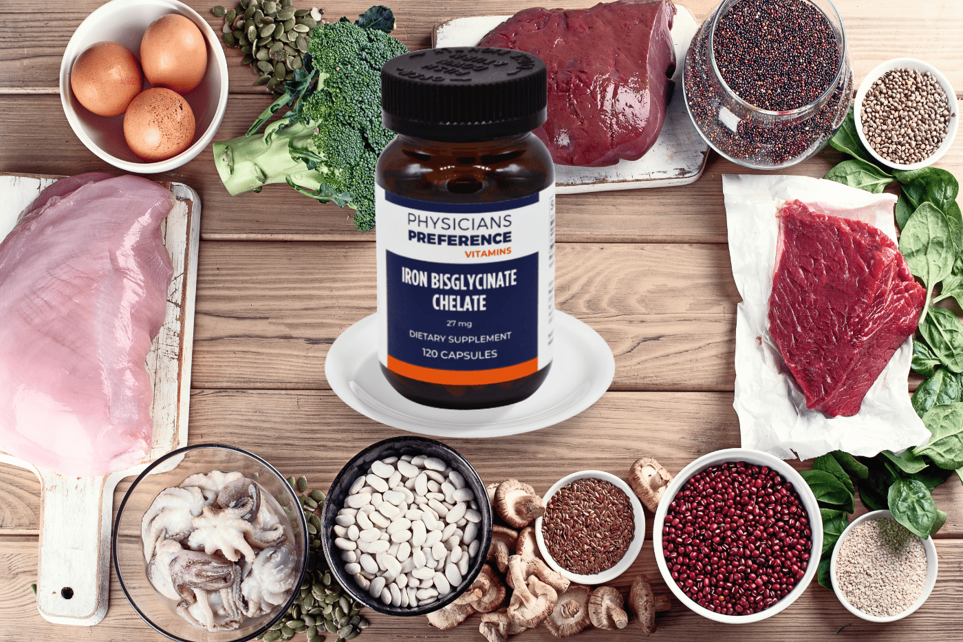 Foods containing iron with a bottle of Iron Bisglycinate Chelate in the middle.