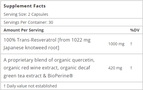 Trans-Resveratrol Plus 1,000 mg per Serving 60 Capsules